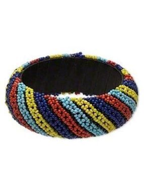 India Beaded Bangle Bracelet Black Blue Red Yellow Stripe Fair Trade